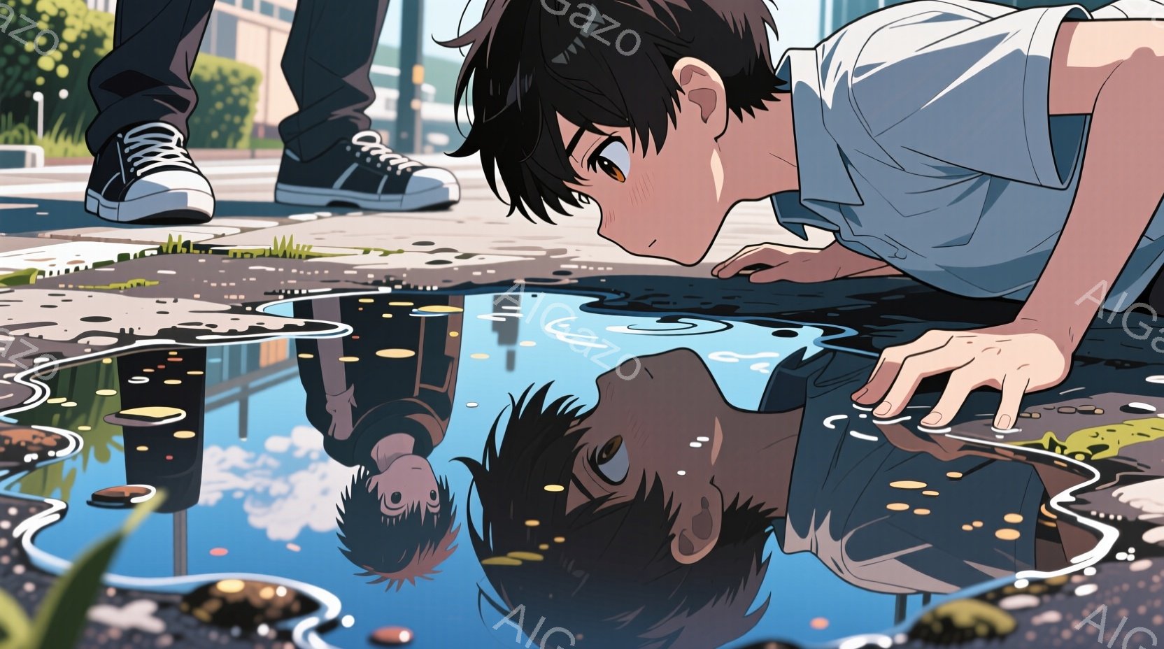 少年が水たまりにうつる自分の姿を見下ろしている。彼は黒い髪で、白いシャツと黒いズボンを着用し、膝をついて水たまりに映る自分の顔をじっと見つめている。背景には建物が見え、雨上がりのアスファルトに水たまりが広がっており、全体的に憂鬱で内省的な雰囲気が漂っている。