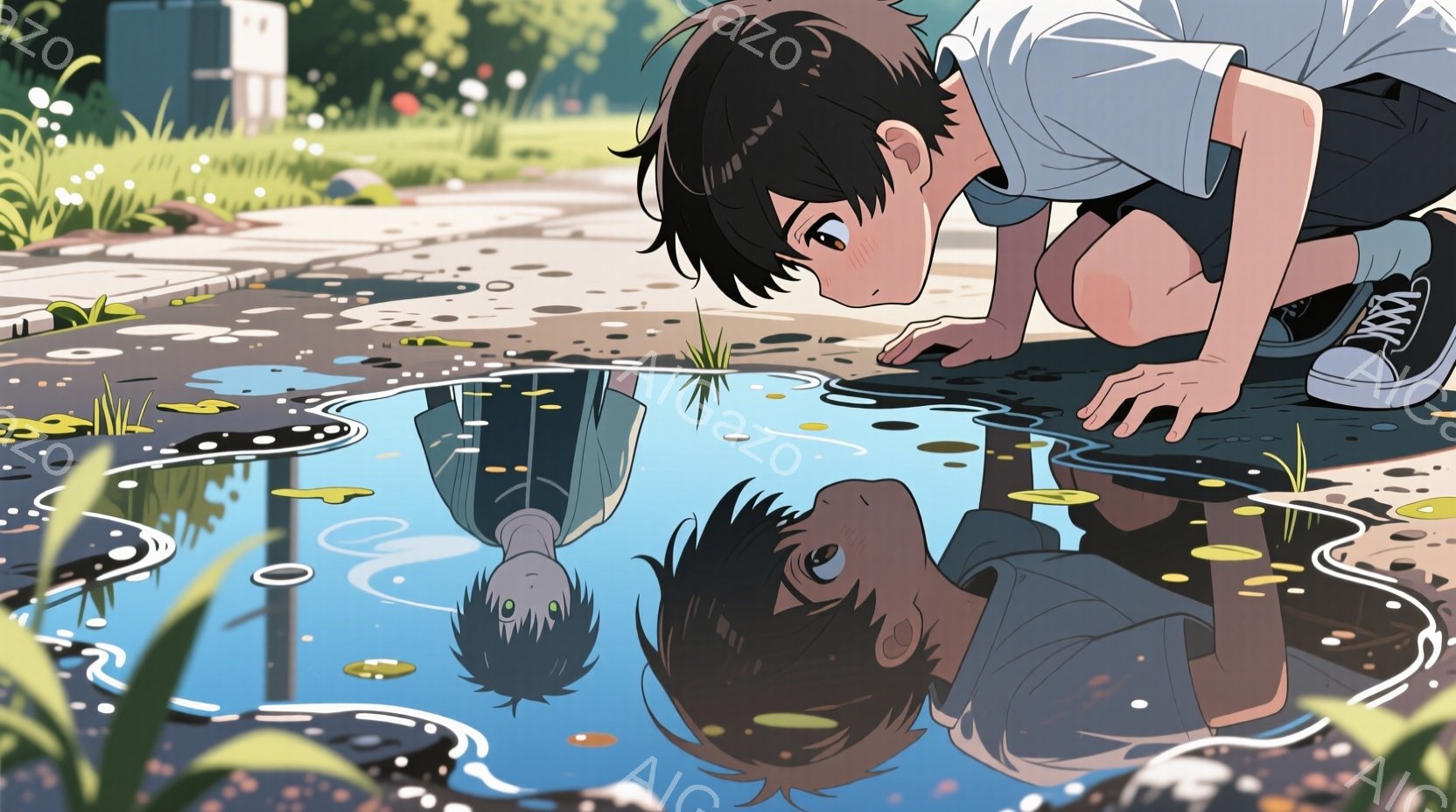 黒髪で少し癖のある髪型の少年が、水たまりに映った自分の姿を覗き込んでいる。白いTシャツと黒いズボン、スニーカーを履いており、無邪気な表情で膝をつき、好奇心旺盛な様子が伺える。背景には緑豊かな草地と建物が見え、晴天の下、水たまりに映る少年の姿が、どこか幻想的な雰囲気を醸し出している。