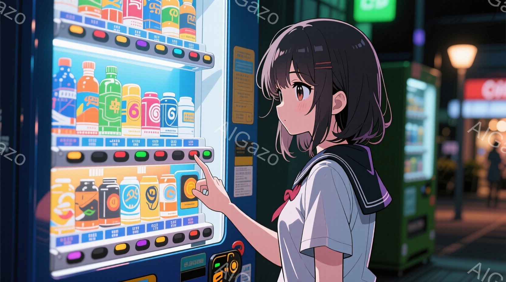 自動販売機の前で飲み物を指差している女子高生が描かれています。彼女はセーラー服を着ており、長い黒髪は肩にかかっています。夜の街並みが背景に広がり、自動販売機の光が彼女を照らしています。 - AI生成フリー素材