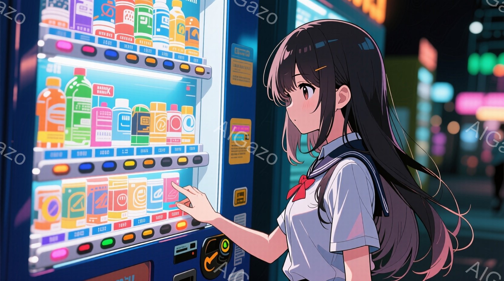 制服を着た若い女性が自動販売機の前で飲み物を指し示している様子を描いています。彼女は長い茶色の髪を後ろで結び、少し微笑んでいます。背景には、夜の街並みが見え、自動販売機の光が彼女を照らし、暖かい雰囲気を醸し出しています。