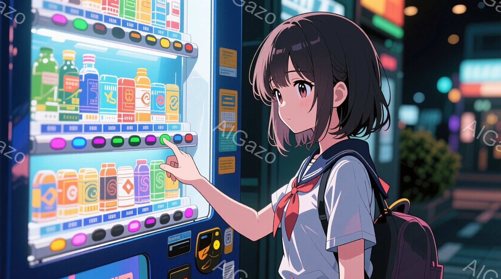 制服を着た少女が自動販売機の前で飲み物を選んでいる様子が描かれています。彼女は茶色のショートヘアで、少し微笑んでおり、赤いリボンがアクセントになっています。背景にはぼやけた建物と緑が見え、夜の都会の雰囲気が漂っています。