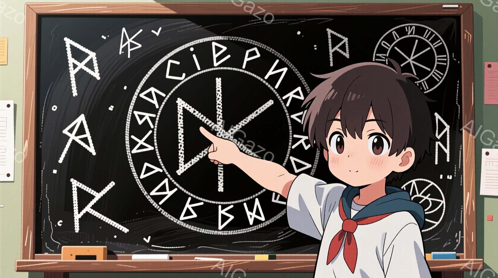 黒板の前で指を差し伸べる少年が描かれています。彼は短髪で、セーラー服を着ており、表情は少し驚いたような、または何かを説明しているような印象です。背景には黒板に奇妙な文字が描かれており、下にはチョークが置かれています。