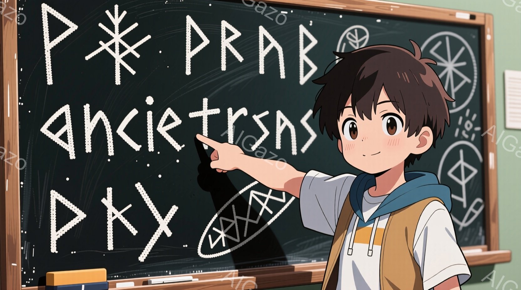少年は黒板の前で、チョークで描かれた複雑なシンボルを指し示しています。彼は白いシャツにベスト、そして青いスカーフを身につけており、明るい茶色の髪は少し跳ねています。黒板には様々な記号が描かれており、背景は教室の一部が見えて、どこかミステリアスな雰囲気を醸し出しています。