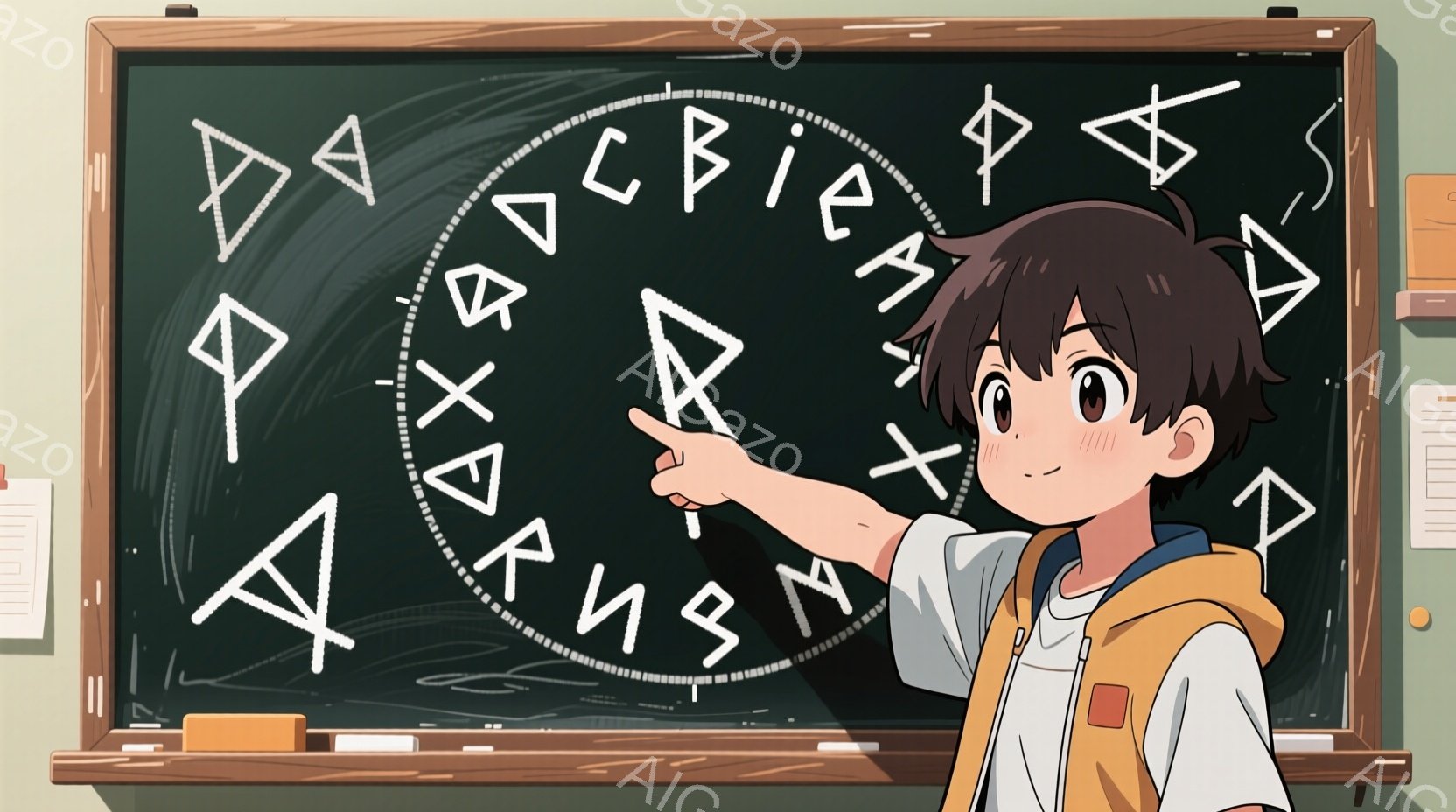 茶髪の少年が黒板の前で立っており、指で黒板に描かれた複雑な記号を指し示しています。彼は白いシャツにオレンジ色のベスト、そしてリュックサックを背負っており、少し驚いたような表情を浮かべています。背景には黒板が置かれ、教室の壁の一部が見えます。
