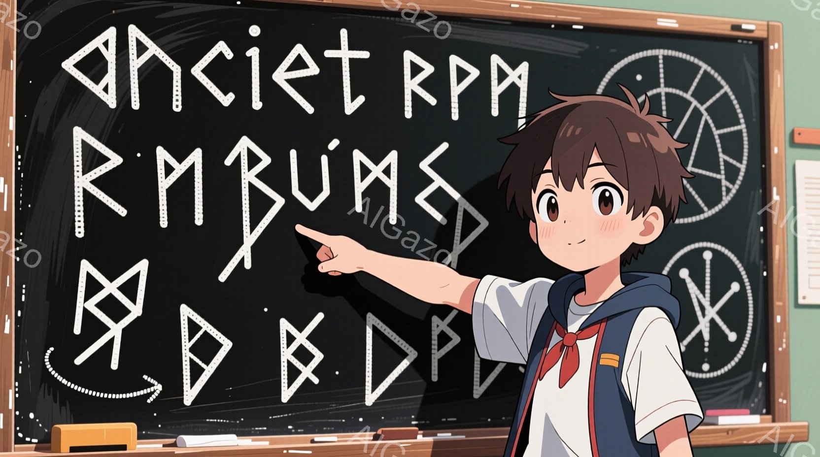 若い男の子が黒板の前で立っており、右手を伸ばして黒板に描かれたルーン文字のような記号を指している。彼は学園風の制服を着ており、茶色の髪は少し無造作にまとめられている。背景にはぼやけた建物が見え、全体的に明るく、少し不思議な雰囲気である。