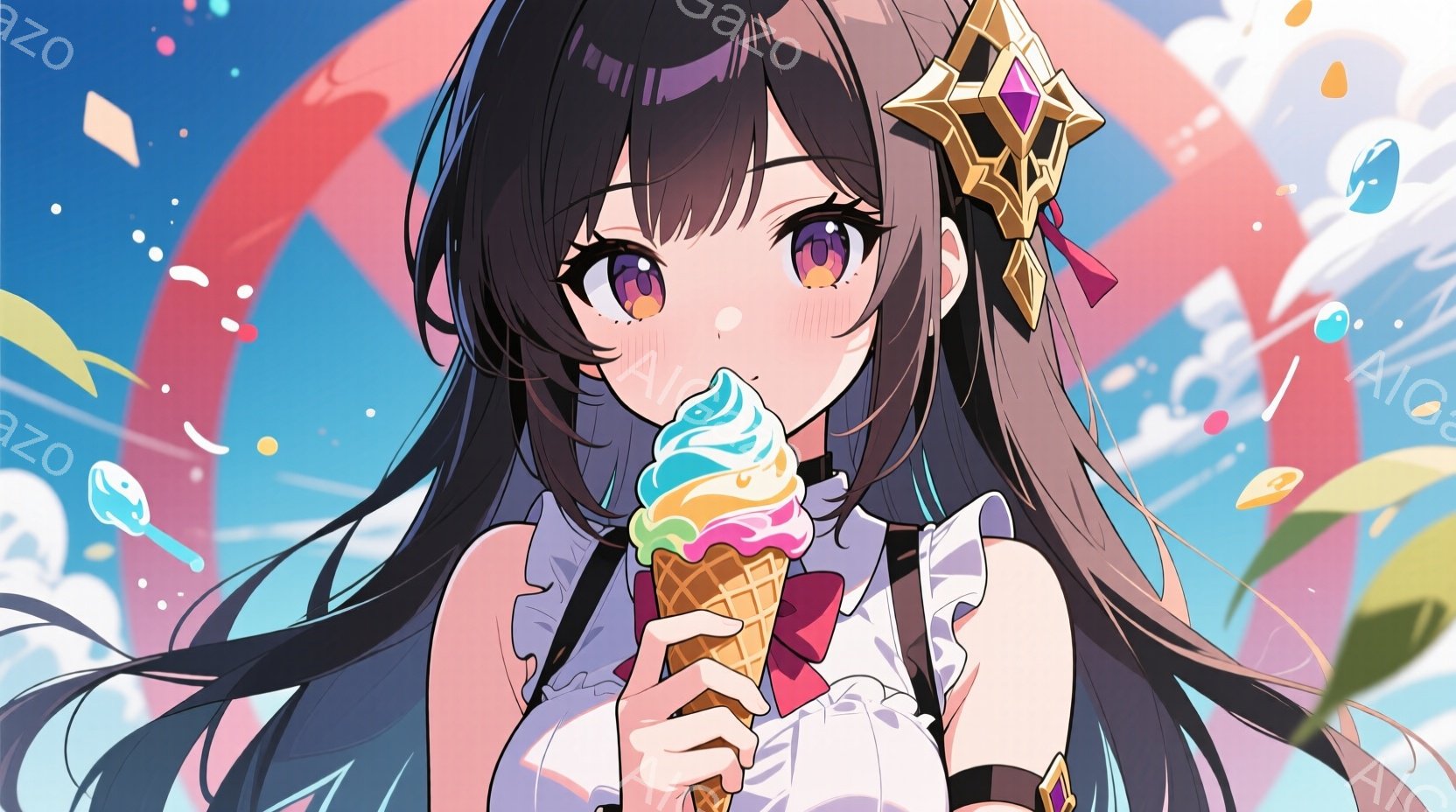 長い黒髪で、前髪はぱっつんカット、サイドには赤いリボンが付いた少女が描かれています。白を基調としたフリル付きのドレスに、金色の装飾が施されており、アイスクリームを片手に楽しんでいる表情は可愛らしいです - AI生成フリー素材