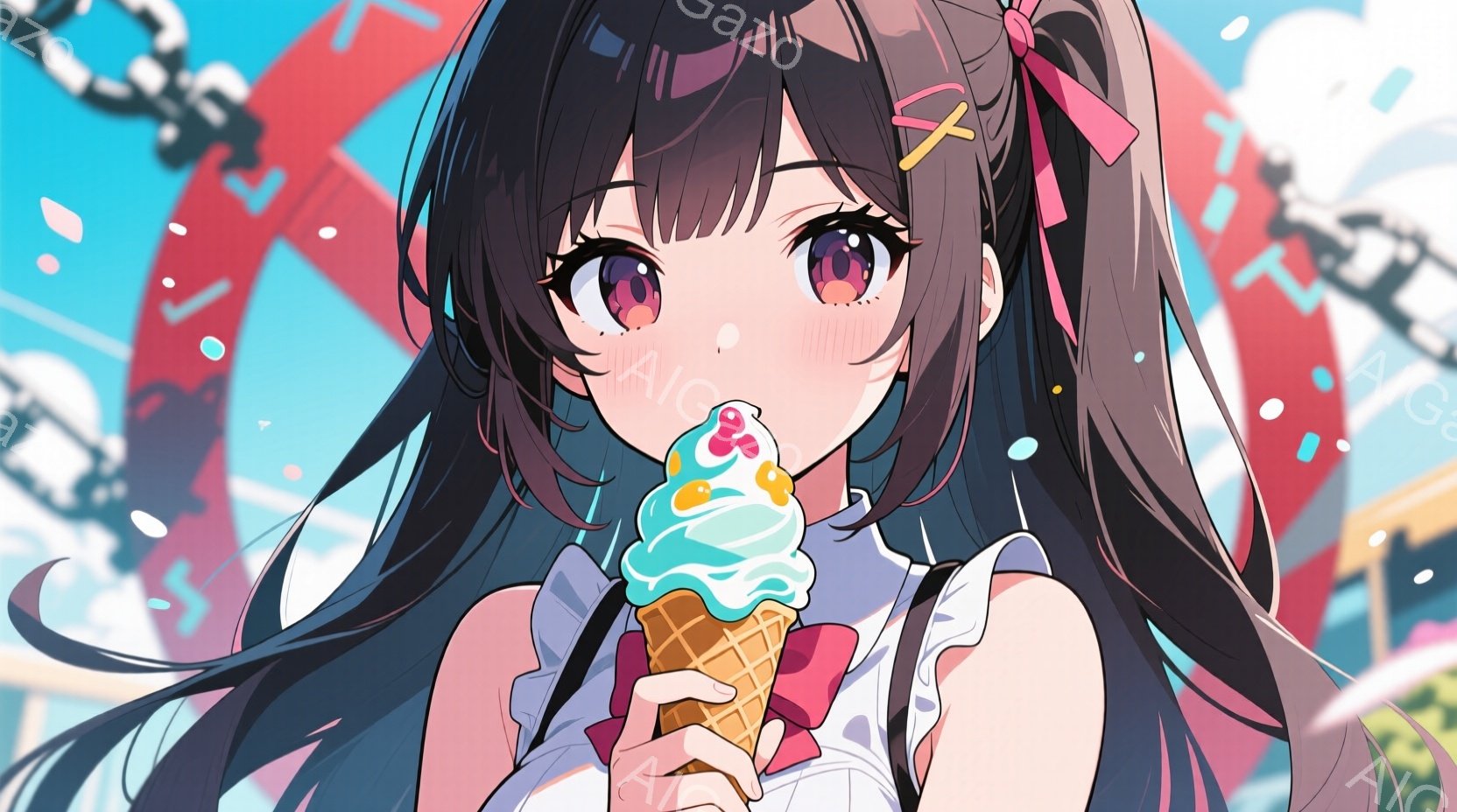 長い黒髪を揺らし、ピンクのリボンで部分的に結んだ少女が描かれています。白い肩出しのワンピースを着ており、片手に水色のソフトクリームを頬張る姿は可愛らしいです。背景は鮮やかなピンクや水色で構成された抽象 - AI生成フリー素材