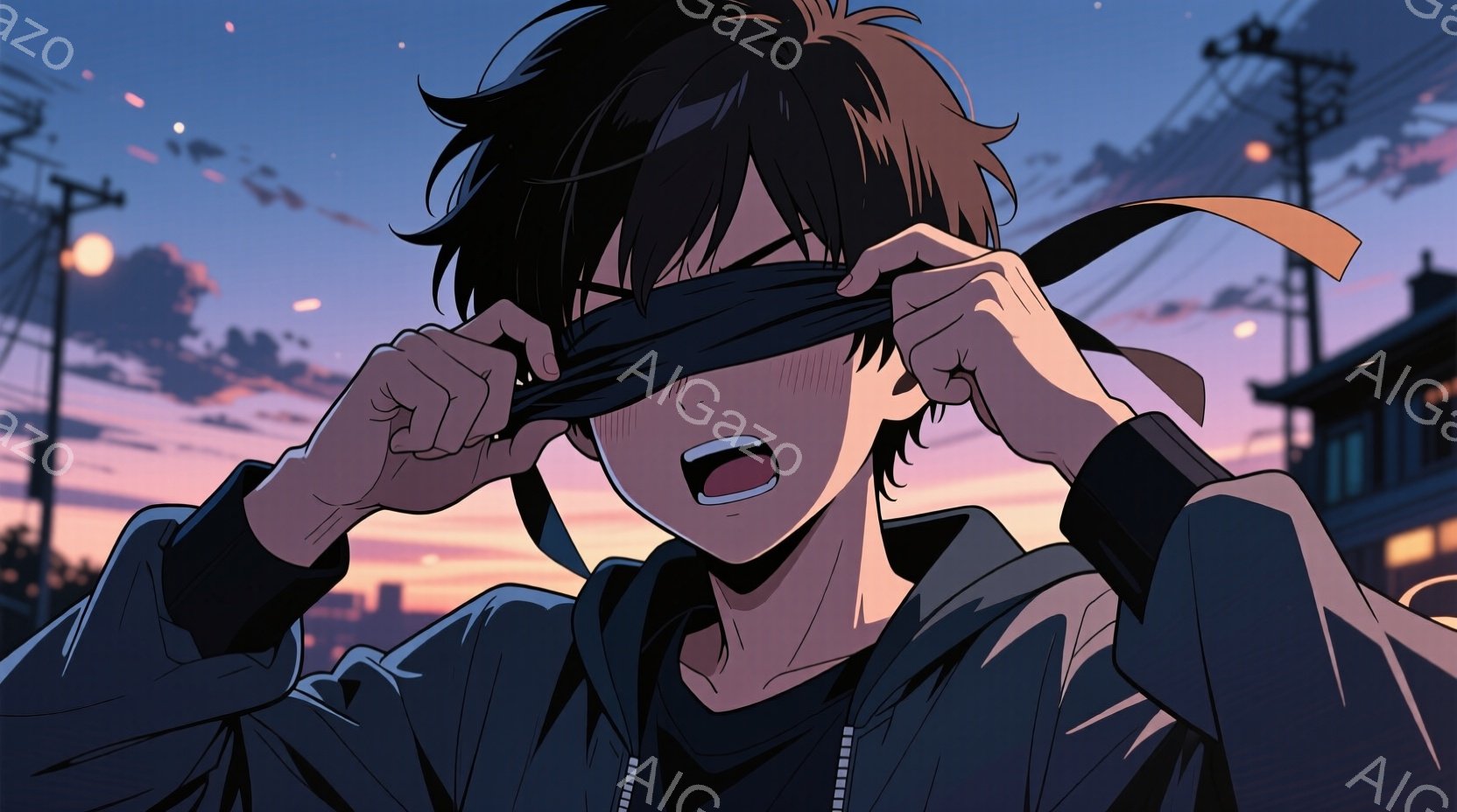 若い男性が目を覆うように黒い布を巻き付けている。彼は黒いパーカーと白いインナーを着ており、無造作にセットされた黒髪は夕焼け空に映える。背景には、夕暮れ時の住宅街が広がり、電柱や建物がシルエットとして浮 - AI生成フリー素材