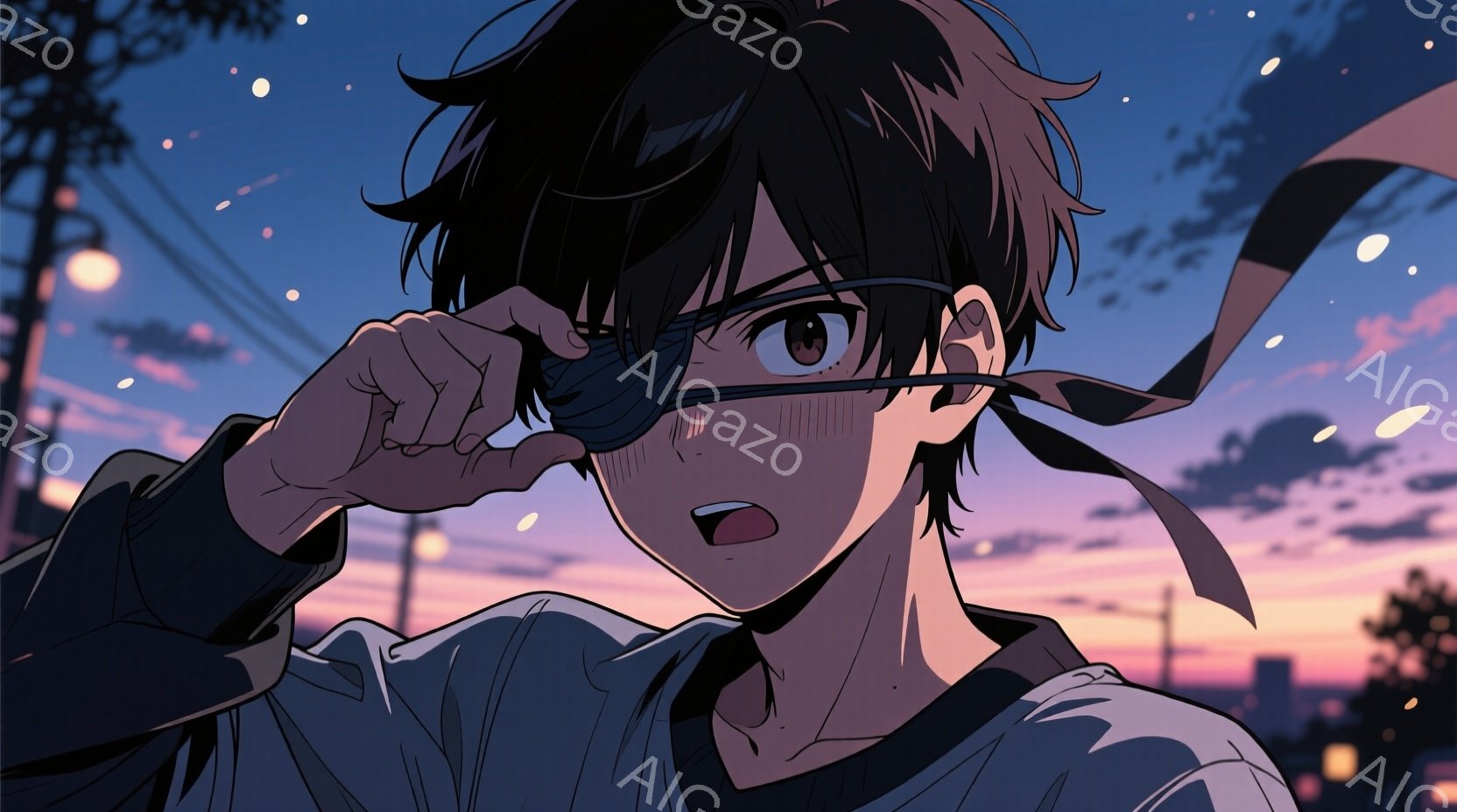 若い男性が描かれており、少し驚いた表情で何かを確認しているようだ。彼は黒髪で、少し無造作なヘアスタイルをしており、濃い色のジャケットと白い襟のシャツを着ている。背景には夕焼け空と街の明かりがぼんやりと - AI生成フリー素材