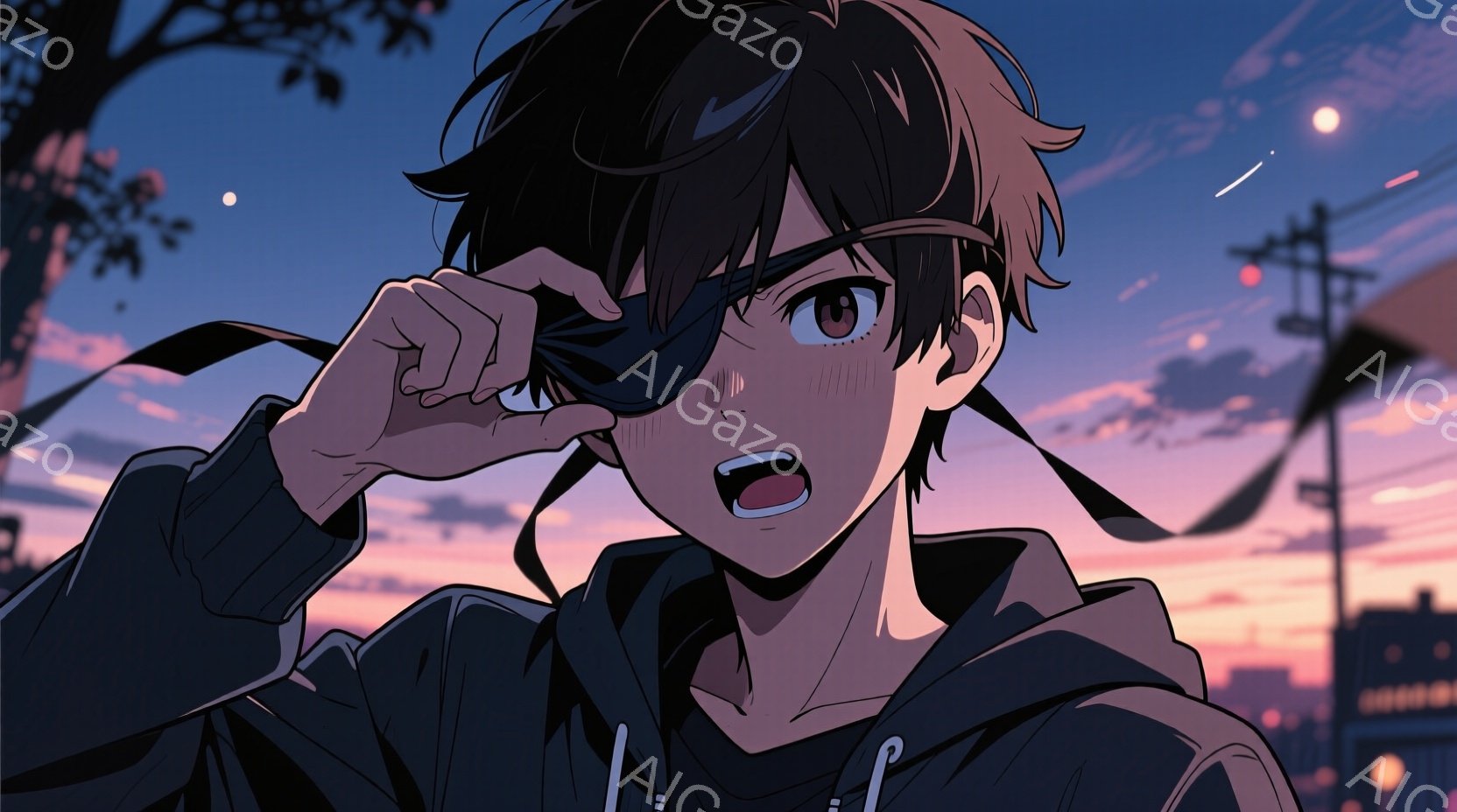 若者は黒いフード付きのセーターを着ており、少し驚いた表情をしています。彼は片方の目を覆うように、何かの紐（リボン？）を手に持っています。背景は夕焼け空と街並みで、遠くには電柱が見え、全体的に少し切ない - AI生成フリー素材