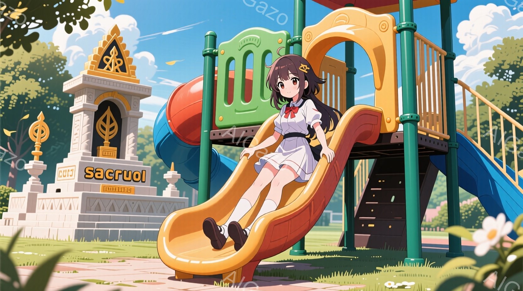 茶髪の少女が、オレンジ色の滑り台を滑り降りています。彼女は白いブラウスと紺色のスカート、黒い靴を履いており、頭には赤いリボンをつけています。背景には、緑豊かな木々、色とりどりの花、そしてタイ風の建造物が描かれており、晴れた日の穏やかな雰囲気が漂っています。
