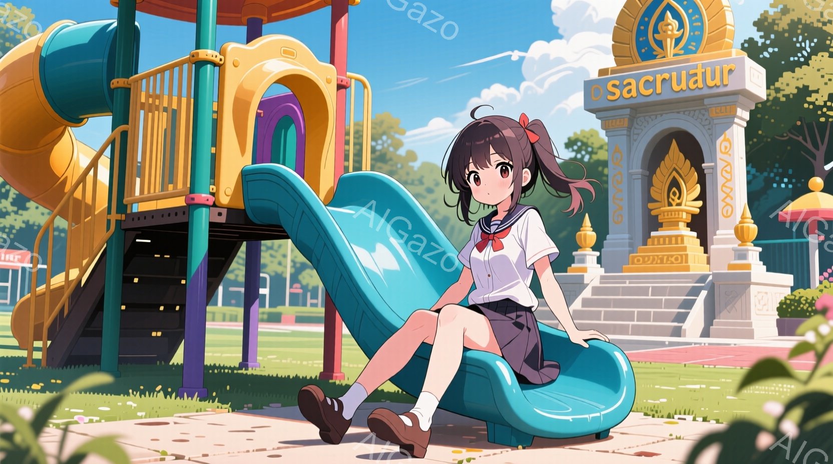遊園地の滑り台に座っている少女が描かれています。彼女は茶色の髪をポニーテールにし、制服を着ており、顔には穏やかな笑顔が見られます。背景には、カラフルな遊具や、独特の建築様式の建物、青空と緑の木々が広がっており、明るく楽しい雰囲気が漂っています。