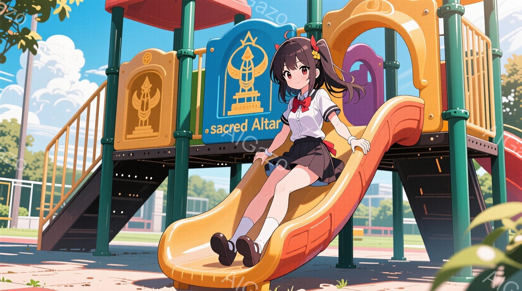 明るい青空の下、茶髪の少女が遊具の滑り台を滑っています。彼女は白いブラウスとチェック柄のスカート、膝下まで届く白いソックスと黒い靴を履いており、顔には楽しそうな笑顔が浮かんでいます。背景には緑豊かな木々と学校のような建物が見え、晴れた日の遊園地の活気ある雰囲気が伝わってきます。