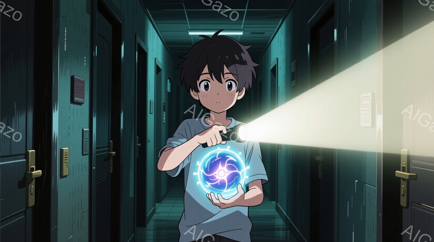 少年は廊下に立っており、片手に青い光の球体を持っています。彼は少し緊張した表情で、黒髪の短髪で、白いTシャツとズボンを着用しています。廊下の壁は暗く、ドアが並んでおり、薄暗い照明と雨の音が漂うような、 - AI生成フリー素材