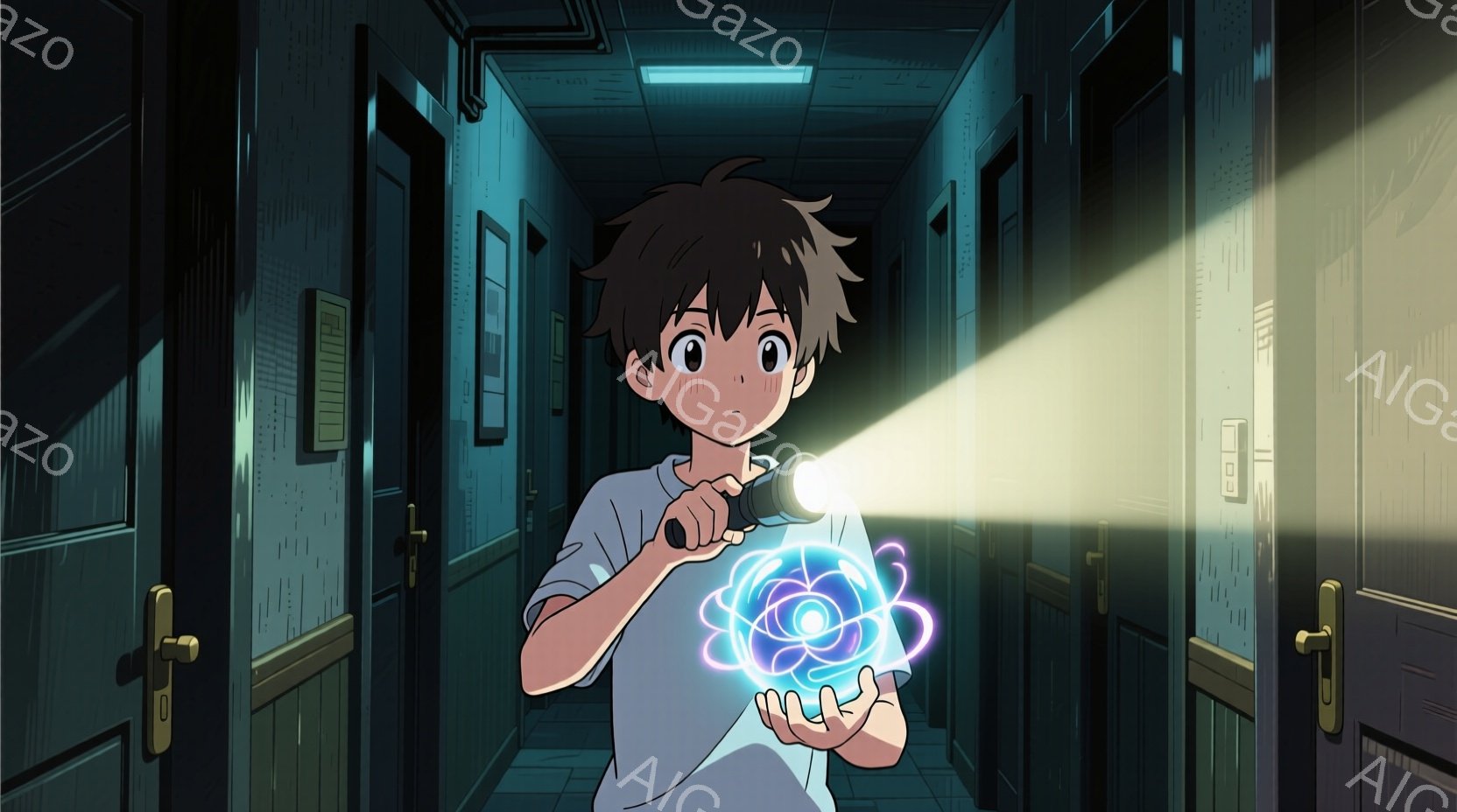 少年は白いTシャツと短パン姿で、廊下で懐中電灯を手に何かを見つめています。彼の顔は少し驚いたような表情で、片手には紫色の光を放つ不思議な球体を持っています。背景は薄暗い廊下で、ドアが並び、天井には蛍光灯が設置されています。