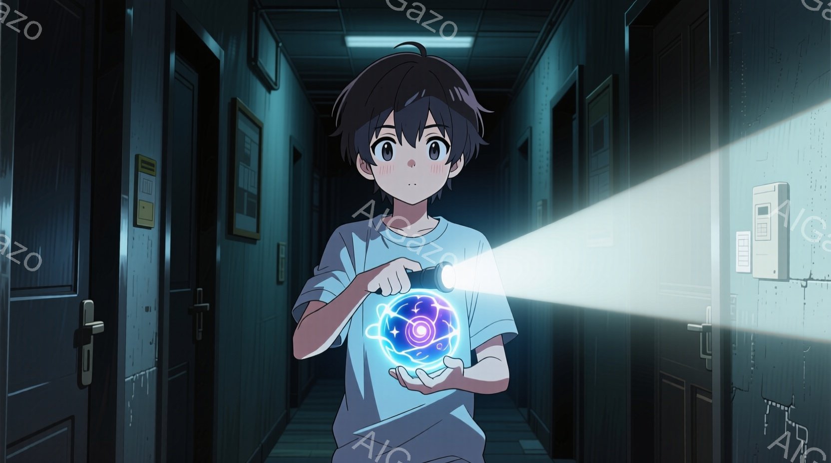 少年は白いTシャツとズボンを身に着け、短い黒髪に少し赤みがかった頬をしています。彼は両手を前に出し、手のひらに青い光の球体を浮かべています。背景は廊下で、ドアが並び、薄暗い照明と光の球体が強いコントラストを生み出し、少し神秘的で緊張感のある雰囲気を醸し出しています。