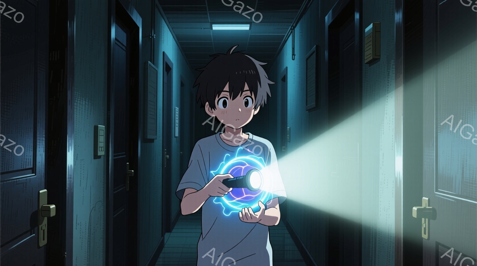 少年は廊下に立っており、両手に青いエネルギーが渦巻く光を発している。彼は白いTシャツとジーンズ姿で、黒い髪は少し無造作に整えられている。廊下は薄暗く、各部屋のドアが等間隔に並んでいる、やや不気味な雰囲気だ。