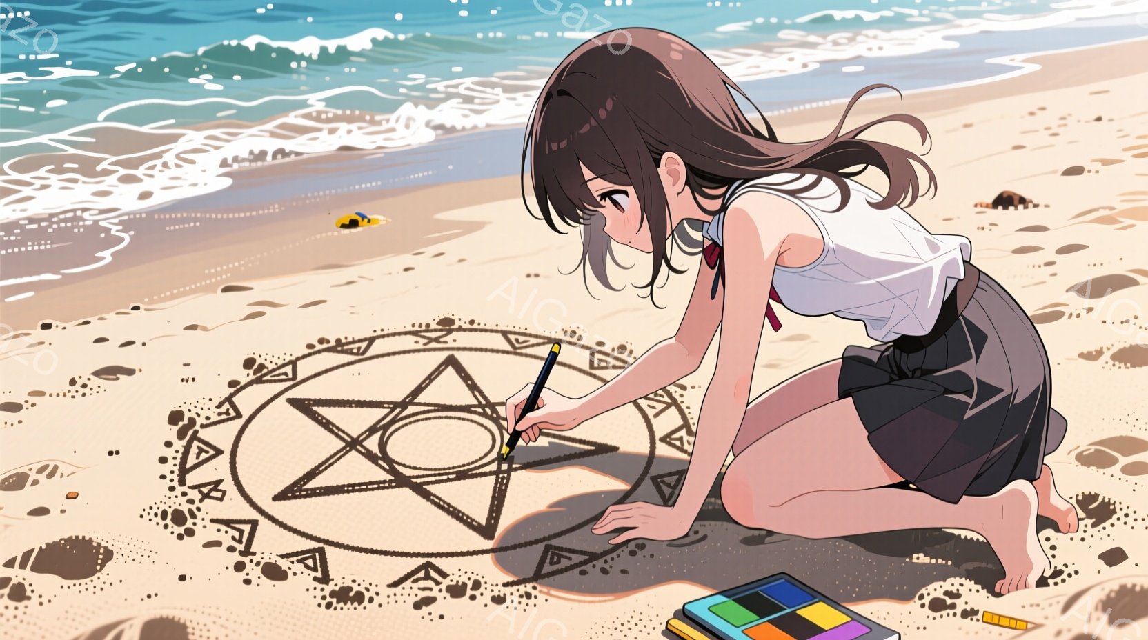 砂浜に跪き、少女は黒いスカートと白いシャツ姿で、地面に大きな魔法陣を描いている。長い茶色の髪は風になびき、真剣な表情でペンを操っている。背景には青い海と空が広がり、遠くには波打ち際が見え、穏やかで少し - AI生成フリー素材