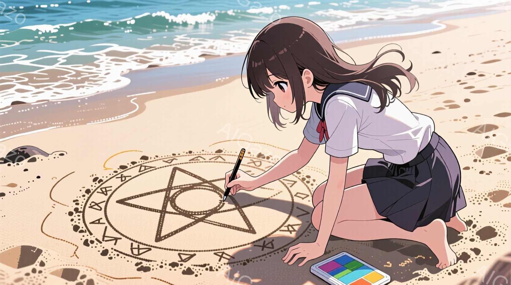 茶髪の少女が砂浜に魔法陣を描いている。彼女はセーラー服を着ており、髪は肩まで伸びて少しカールしている。背景には青い海と白い波が広がり、晴れた空の下、少しミステリアスな雰囲気が漂っている。 - AI生成フリー素材