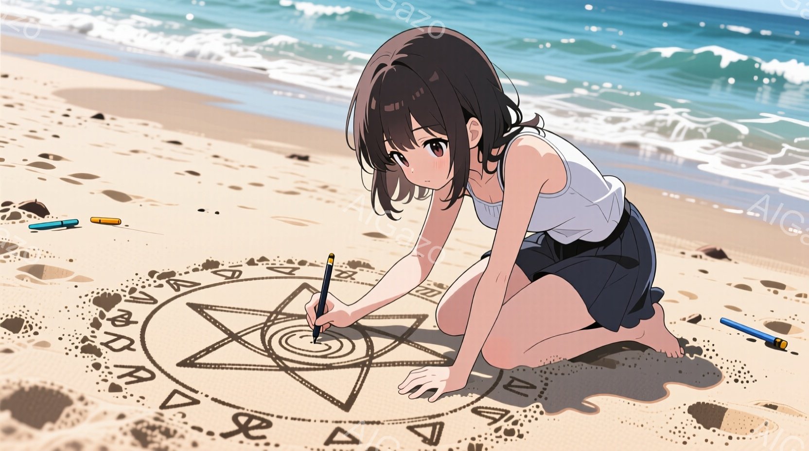 金色の髪の少女が砂浜に魔法陣を描いている。白いタンクトップと黒いショートパンツを着用し、膝をついて砂にペンで円や記号を描き加えている。背景には青い海と白い波が広がり、晴天で穏やかな雰囲気である。 - AI生成フリー素材