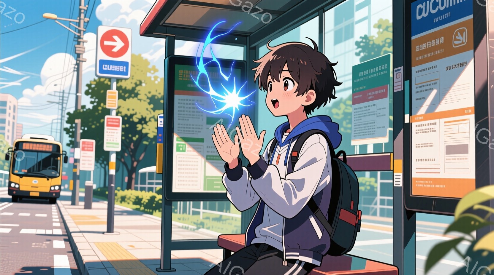 見慣れたバスターミナルで、少年が両手を合わせて不思議な青いエネルギーを発生させている。少年は黒髪で、白いセーターに紺色のジャケット、リュックサックを背負っており、驚いた表情をしている。背景には黄色いバ - AI生成フリー素材