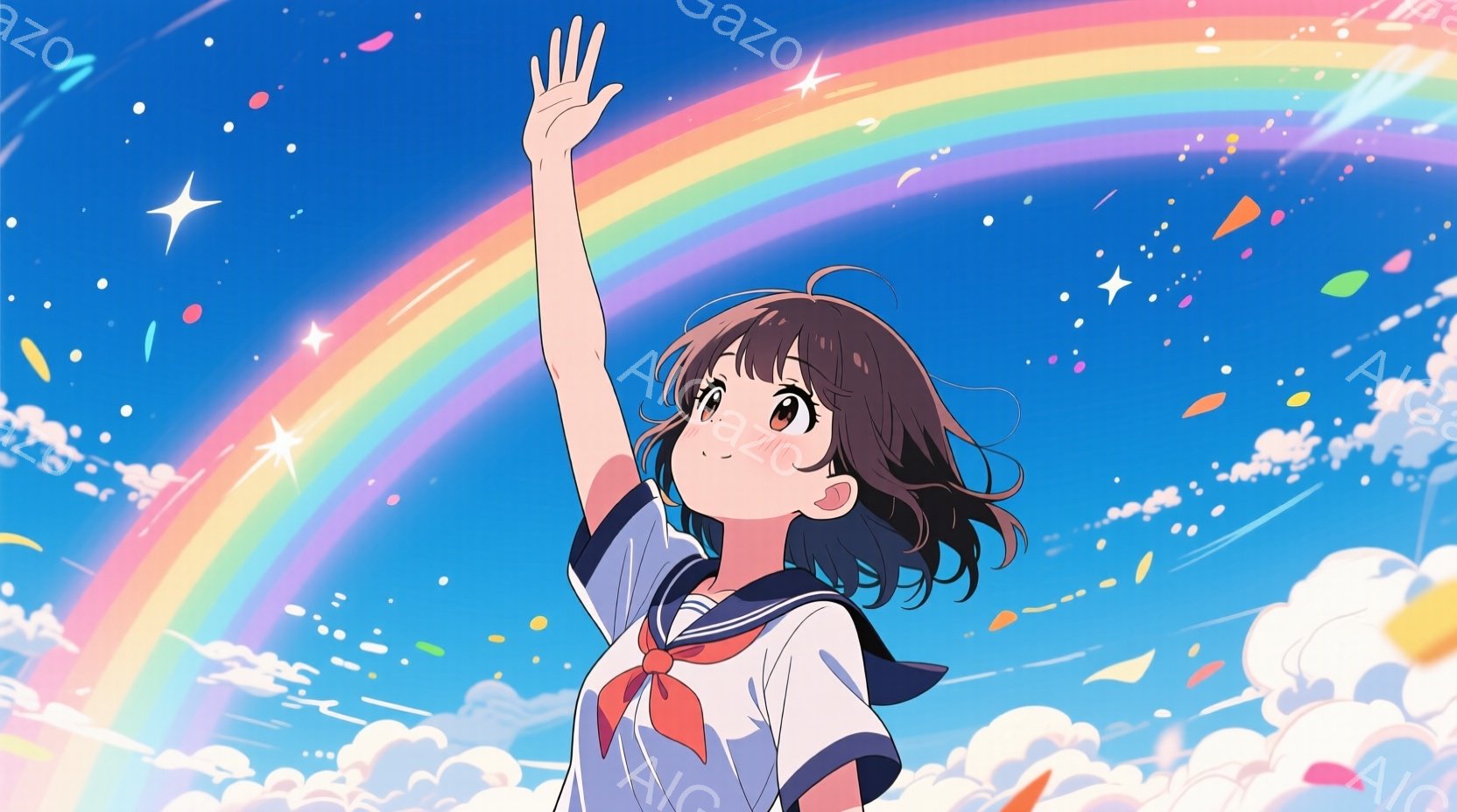 短い黒髪の少女が、白いセーラー服を着て、右手を空に向かって伸ばしています。背景には鮮やかな虹がかかり、オレンジや黄色の花びらが舞い散る、晴れた空と白い雲が広がっています。全体的に、希望に満ちた、明るく - AI生成フリー素材