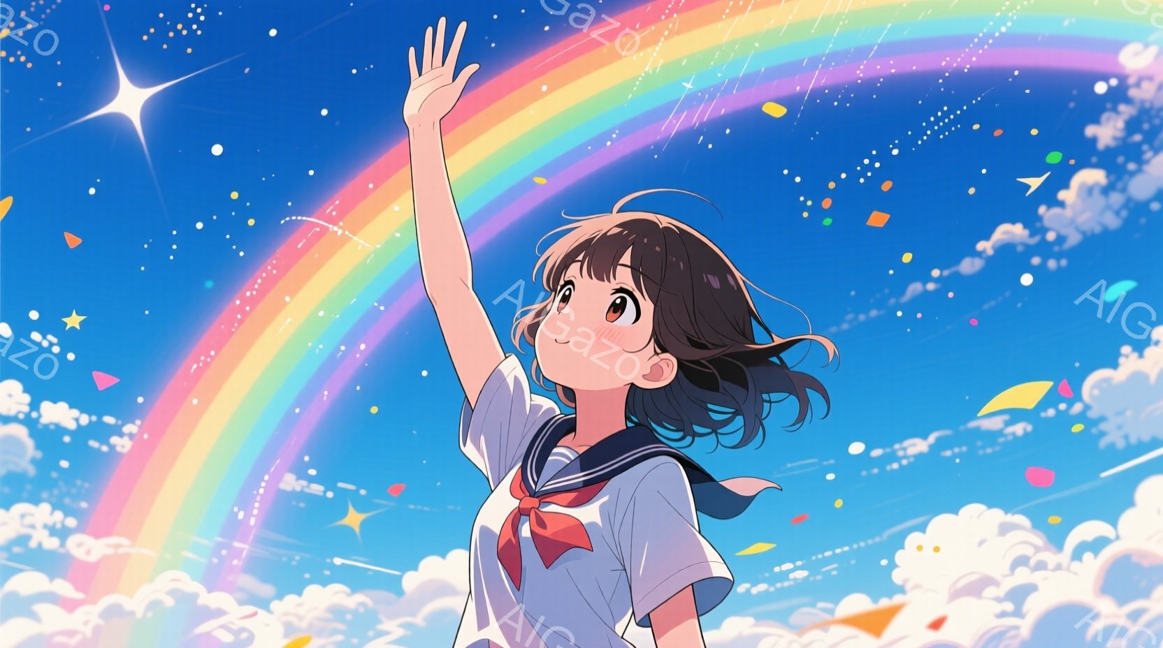 少女は紺色のリボンとセーラーカラーの白いブラウス、短い紺色のスカートを着ています。彼女は右手を高く上げ、空を見上げて微笑んでいます。背景には虹と雲、そして小さな紙吹雪のようなものが舞い、明るく希望に満 - AI生成フリー素材