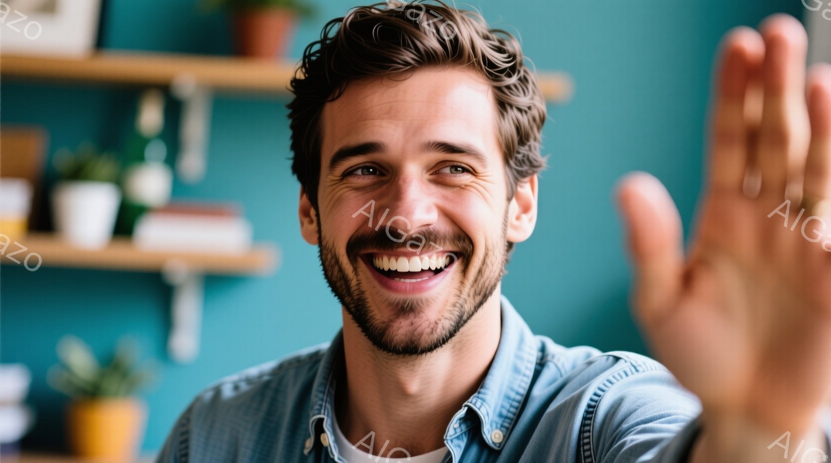笑顔の男性が写っており、青いシャツに白いTシャツを着ています。彼は少し無精髭を生やしており、髪は暗めの茶色で少しカールしています。背景には植物が飾られた棚があり、全体的に明るく親しみやすい雰囲気が漂っ - AI生成フリー素材