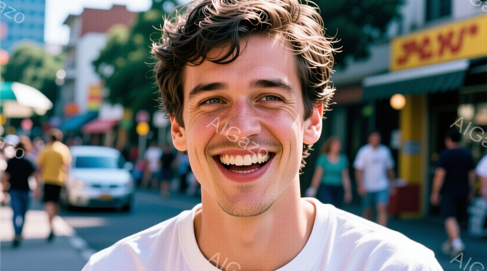 若い男性がカメラに向かって満面の笑みを浮かべている。彼は白いTシャツを着ており、少し無造作なカールヘアと短い口髭が特徴的だ。背景には、人々と建物がぼやけており、賑やかな都会の通りである様子が伺える。