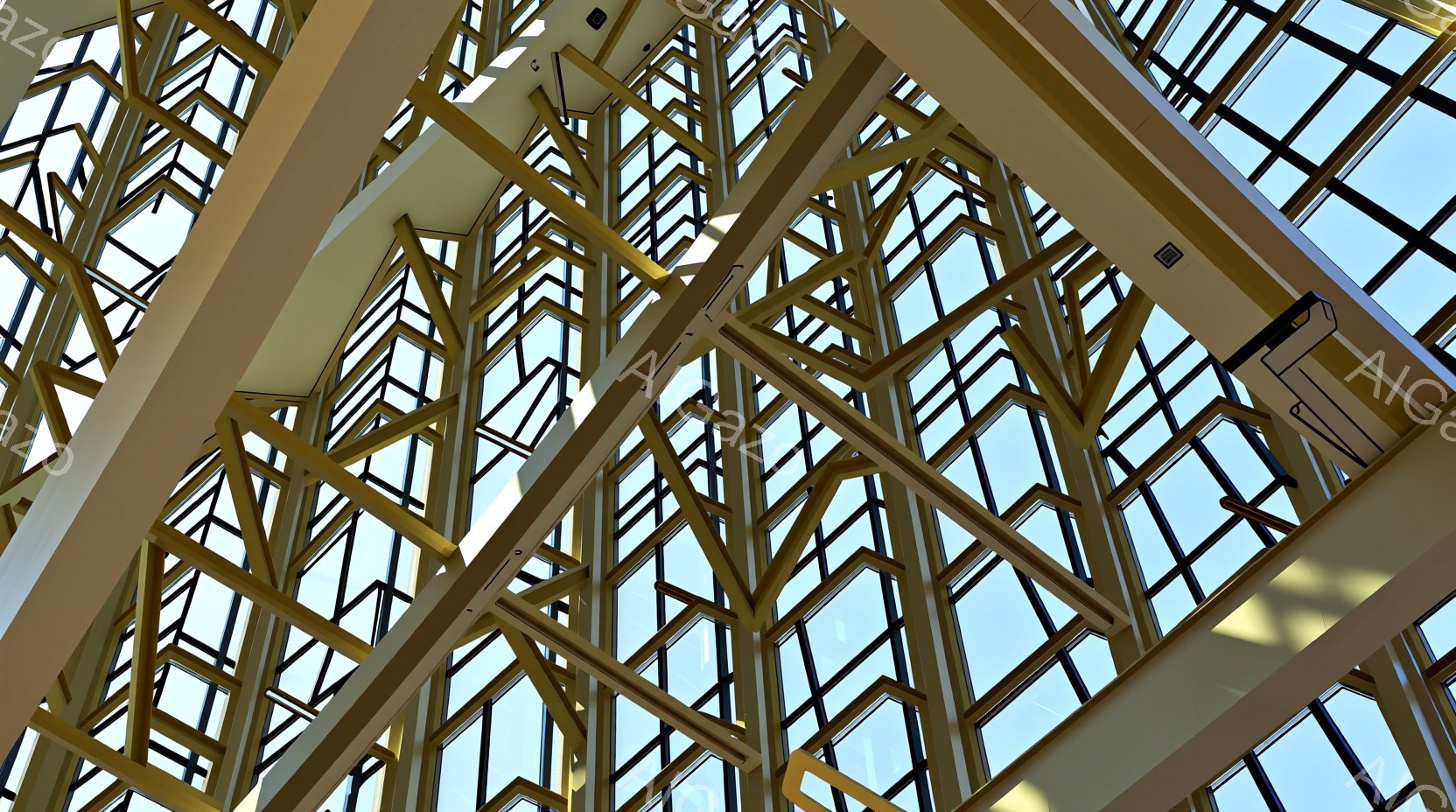 高い天井を持つ建築物の内部を捉えており、幾何学的なデザインの窓が規則的に並んでいるのが特徴です。窓は青い空と雲を映し出し、明るく開放的な空間を作り出しています。構造材は明るい色をしており、全体的に現代的で洗練された雰囲気を醸し出しています。