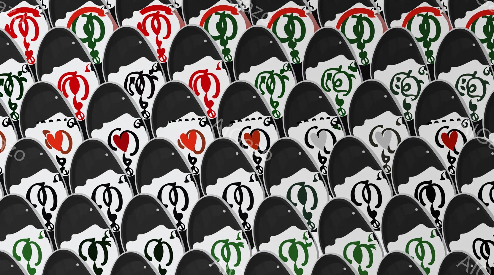 黒いシルエットの人々の密集したパターンで構成されています。各人物は、頭に複雑な緑と赤の装飾が施された帽子をかぶり、顔はほとんど見えません。 全体として、抽象的で幾何学的なパターンが強調された、繰り返し - AI生成フリー素材