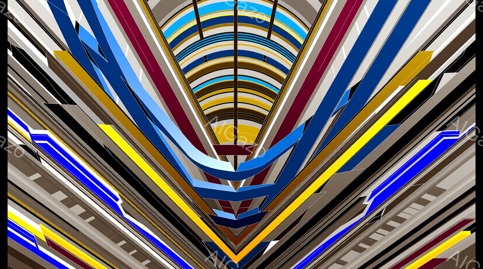 鮮やかな色彩のストライプが集中して一点に収束する抽象的な構成です。赤、青、黄色、白などのストライプが交差・重なり合い、奥行きのある視覚効果を生み出しています。全体的に未来的な雰囲気があり、エネルギーとスピード感を喚起させます。