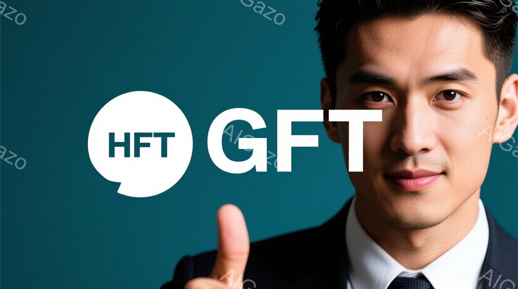 紺色の背景を背景に、スーツ姿の男性が写っています。彼は片手を前に伸ばして指を指しており、自信に満ちた微笑みを浮かべています。全体的に、プロフェッショナルで、力強い印象を与えるポートレートです。 - AI生成フリー素材