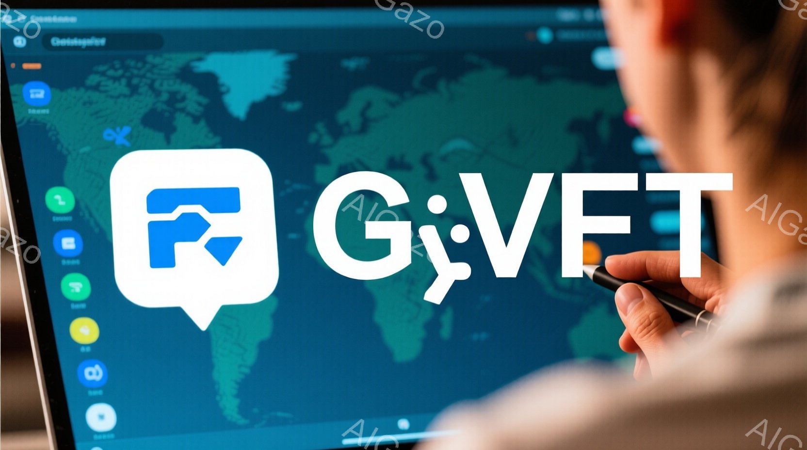 画面には世界地図が表示されており、左側には様々なアイコンが並んでいます。人物は茶色の肌をしており、茶髪で、画面にタッチペンで触れています。全体的に、教育や地理に関するコンテンツを操作しているような、知的な雰囲気が漂っています。