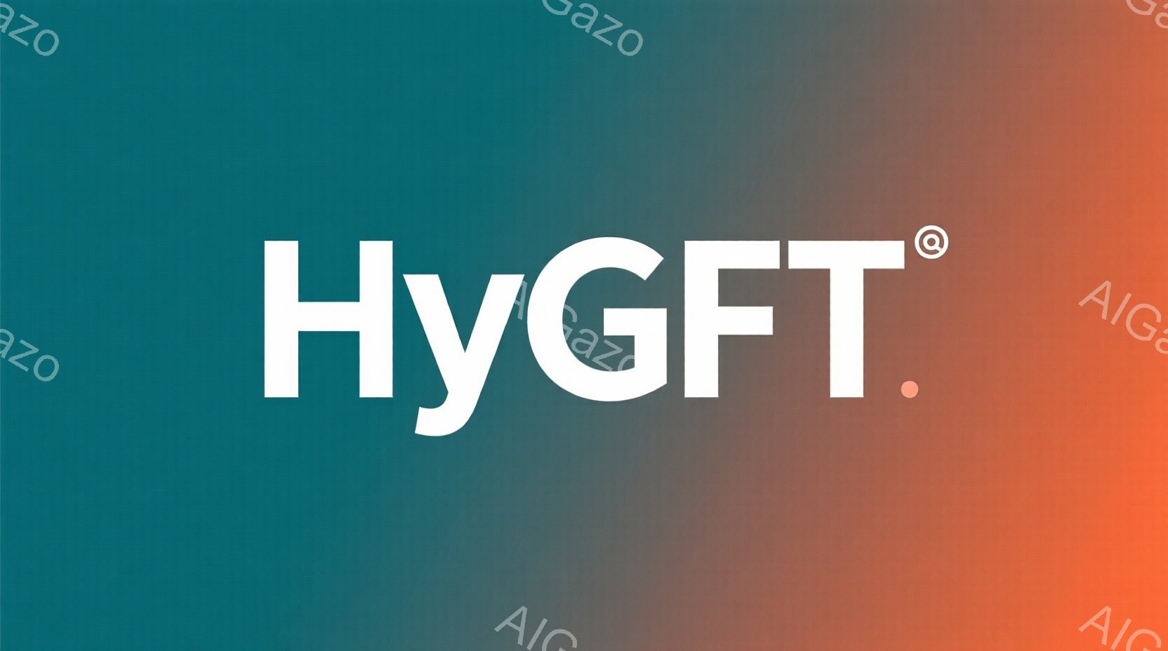 鮮やかなターコイズブルーからオレンジ色へのグラデーションが印象的な画像です。画面中央には、太字で白く書かれた「HyGT」という文字が大きく配置されています。背景は単色であり、人物や具体的なオブジェクトは存在しません。