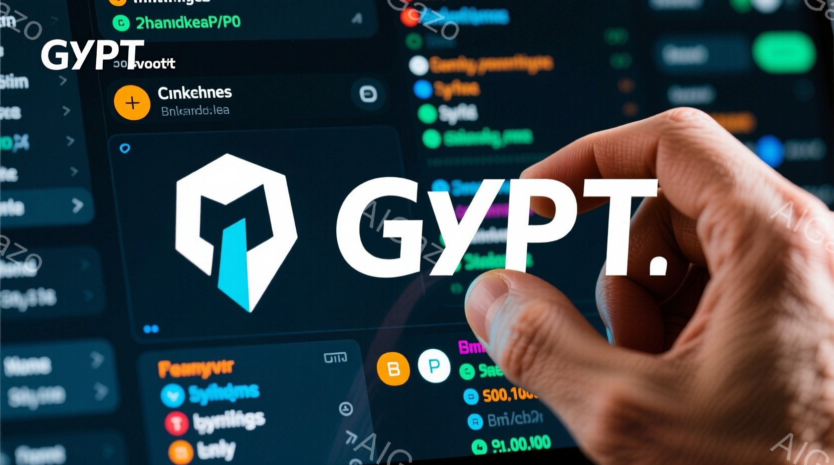 画面には、青と白の抽象的なロゴが中央に大きく表示されており、背景にはデジタルインターフェースが広がっています。一人の人物の指がロゴを指しており、画面上に表示された様々な情報やアイコンが、テクノロジーとデジタル世界の雰囲気を醸し出しています。全体的に、現代的で洗練された印象を与える画像です。