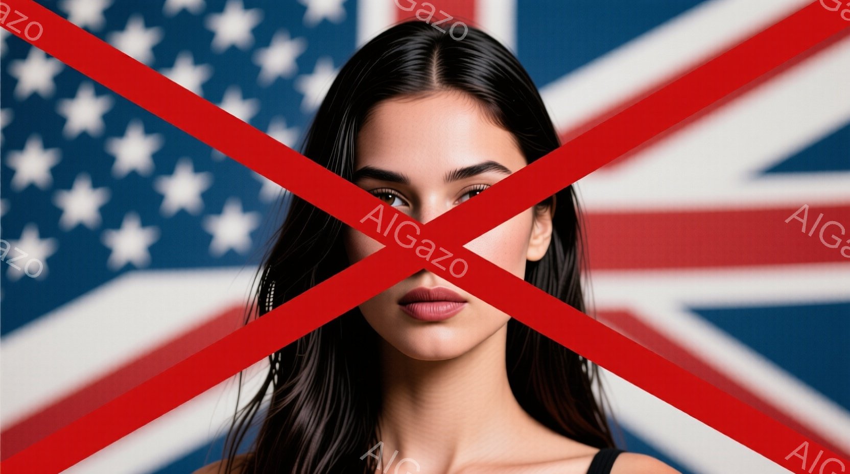 長い黒髪が顔の前で流れ落ち、赤い斜めの線が顔を覆っている女性が写っている。彼女は肩出しの黒いトップスを着ており、口元は少し開いており、表情はどこか憂いを帯びている。背景にはアメリカとイギリスの国旗がぼやけており、全体的にドラマチックで少しミステリアスな雰囲気を醸し出している。
