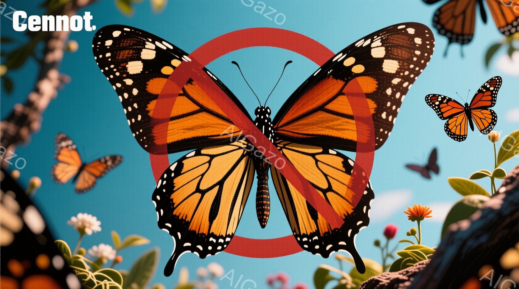 動植物を禁止するアンテナ性のあるバッジを含み、それを取り除いた結果によって生じるバッジで、背景には美しい花が表されています。