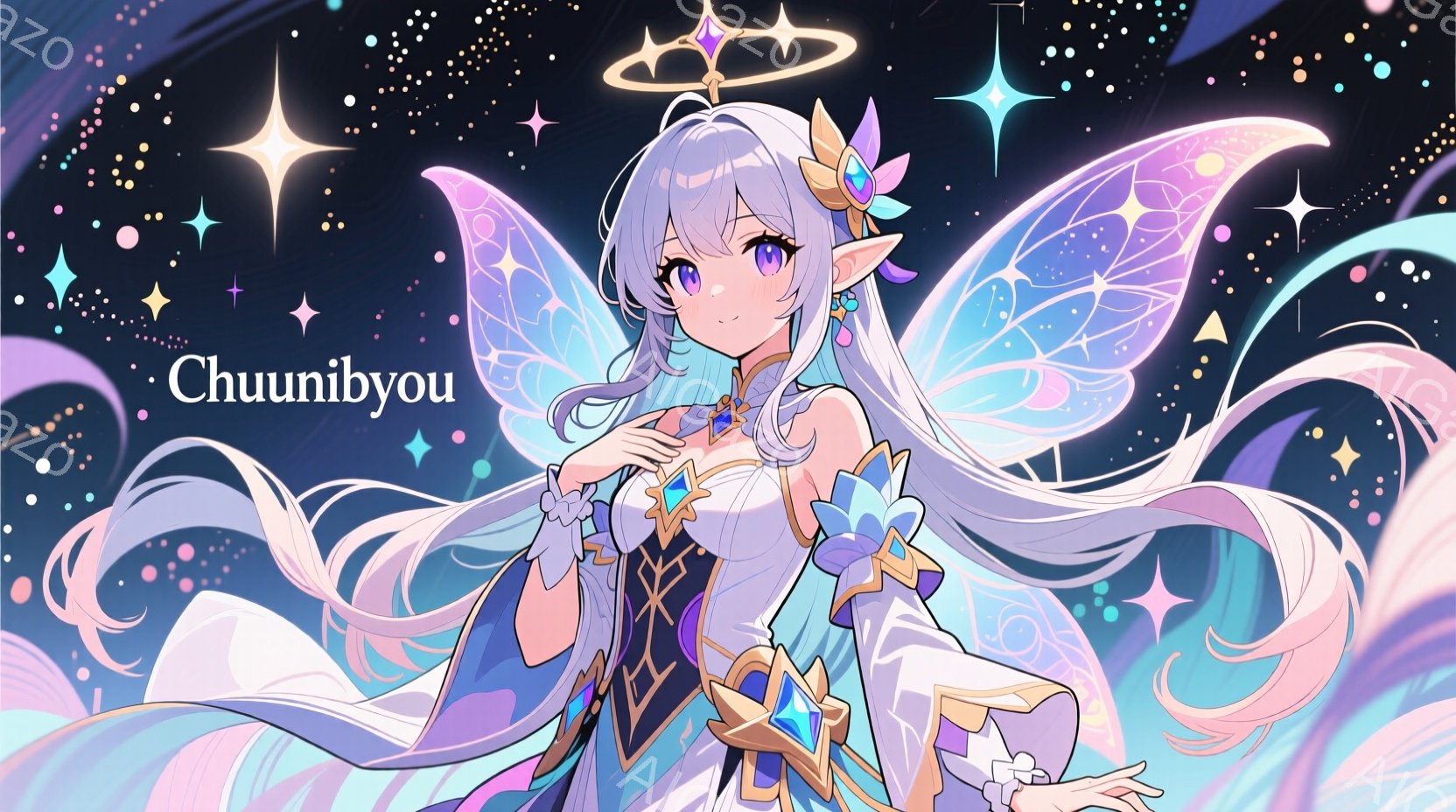 This is an image of a stylized anime character. The character has long, flowing hair in shades of white and blue. They are wearing elaborate fantasy armor with a blue and gold color scheme, suggesting they might be a warrior or guardian type role. The background depicts a starry night sky with vibrant colors such as purple, pink, and green, contributing to the magical atmosphere of the scene. The character is posed confidently, standing in front of a flowing, ethereal cloud that complements their fantastical appearance. The overall impression is one of a powerful, mystical being, possibly with an angelic or celestial theme, given the starry sky and ethereal elements around them.
