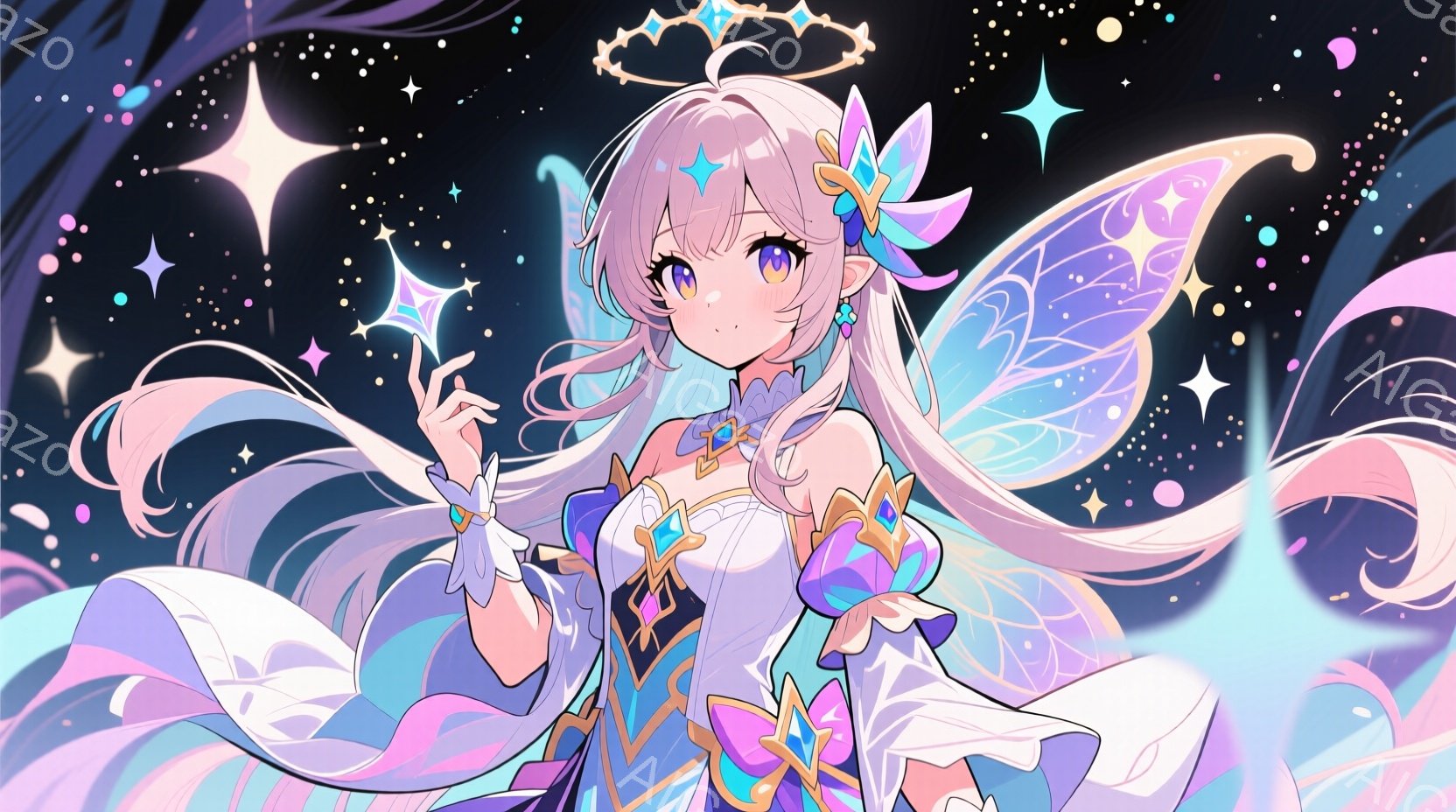 長い銀髪に、ピンクと水色のグラデーションの髪飾りをつけた少女が描かれている。ファンタジー風の白いドレスと、蝶の羽を模した装飾が特徴的で、片手を上げて優雅なポーズをとっている。背景は星空が広がり、光の粒子が舞うことで神秘的な雰囲気を醸し出している。