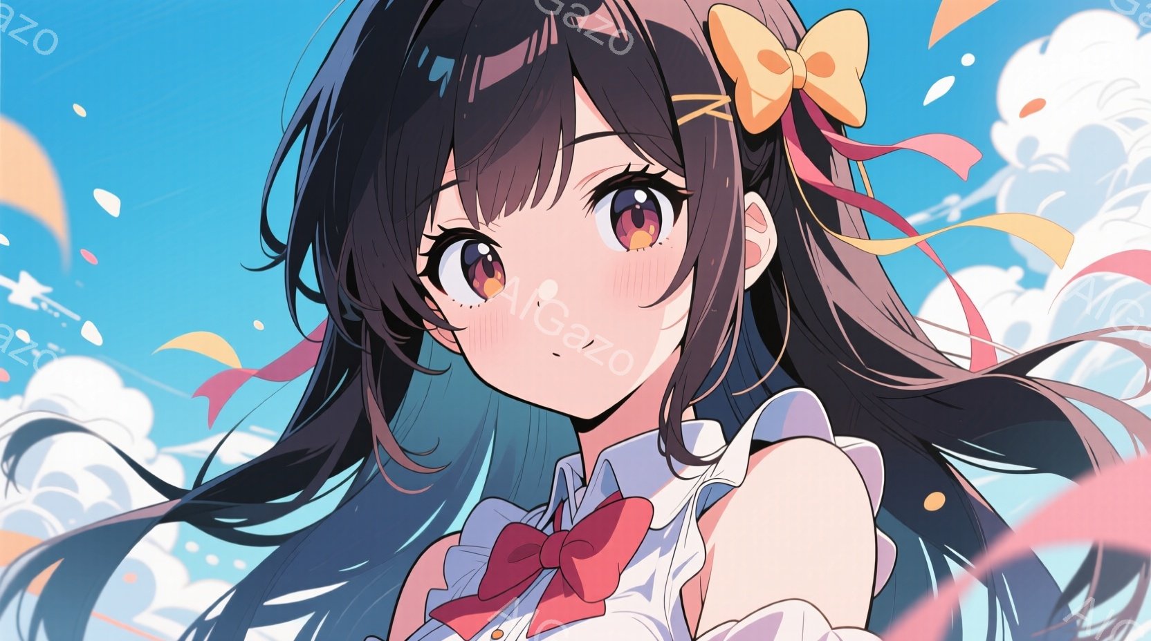 黒髪の少女が描かれており、前髪は短く、残りは長く流れている。彼女は白いブラウスに赤いリボンを締め、頬にはうっすらと赤みが差し、少し照れたような表情をしている。背景は鮮やかな青空と、舞い散る花びらやリボンで彩られ、明るく華やかな雰囲気を醸し出している。