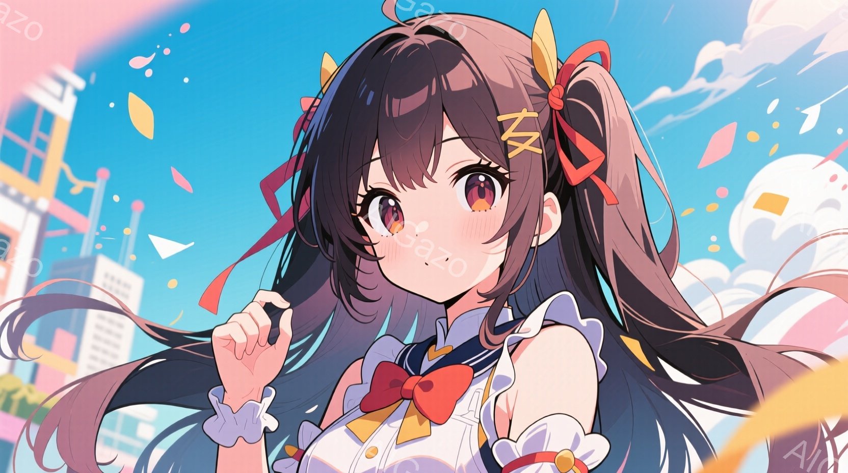 黒髪の少女が描かれており、髪には赤いリボンと黄色いバレッタがついています。紺色のセーラー服に赤いリボンをつけ、少し頬を赤らめて微笑んでいます。背景には、パステルカラーの建物と青空が広がり、花びらが舞い - AI生成フリー素材