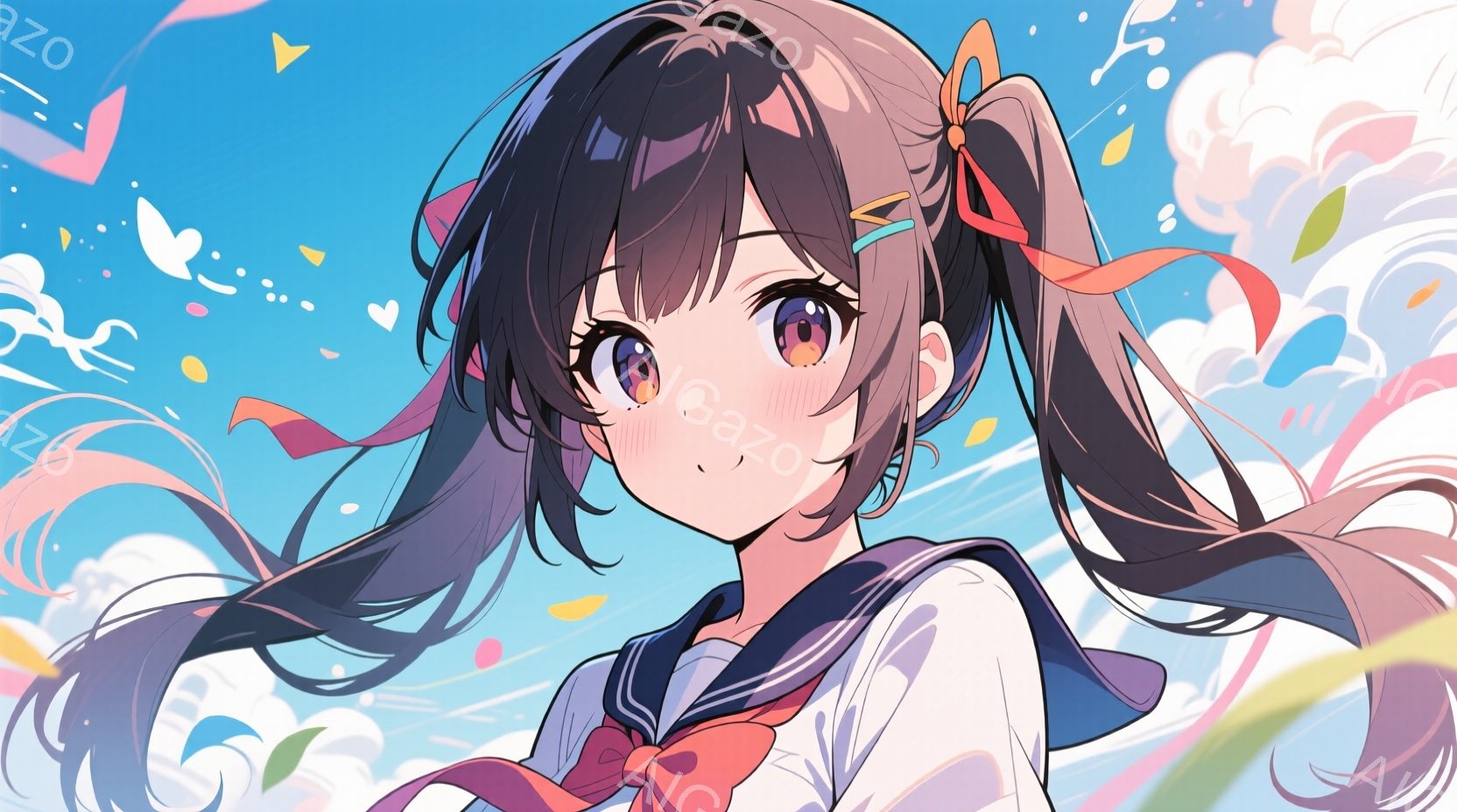 長い黒髪をツインテールにし、ピンクのリボンとヘアピンをつけている少女が描かれています。セーラー服を着ており、少し頬を赤らめて微笑んでいます。背景にはパステルカラーの空と、舞い散る花びらが描かれており、 - AI生成フリー素材