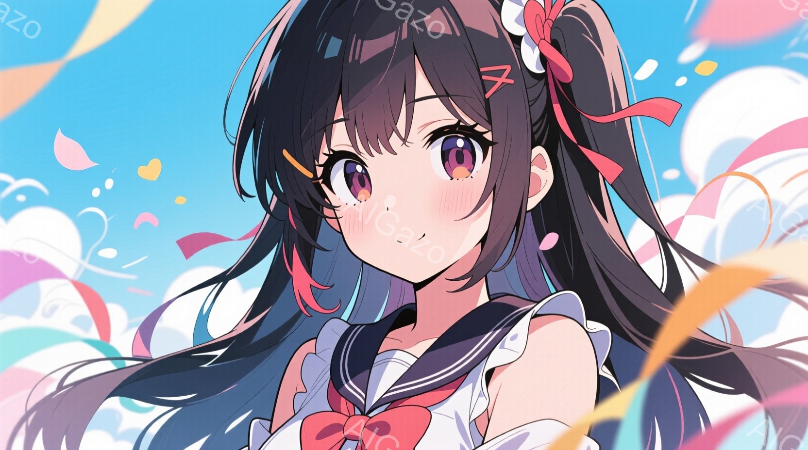 長い黒髪に赤いリボンとヘアピンをつけた少女が描かれています。セーラー服を着ており、頬はほんのり赤らんでいます。背景にはパステルカラーの羽根のようなものが舞い、明るく可愛らしい雰囲気を醸し出しています。