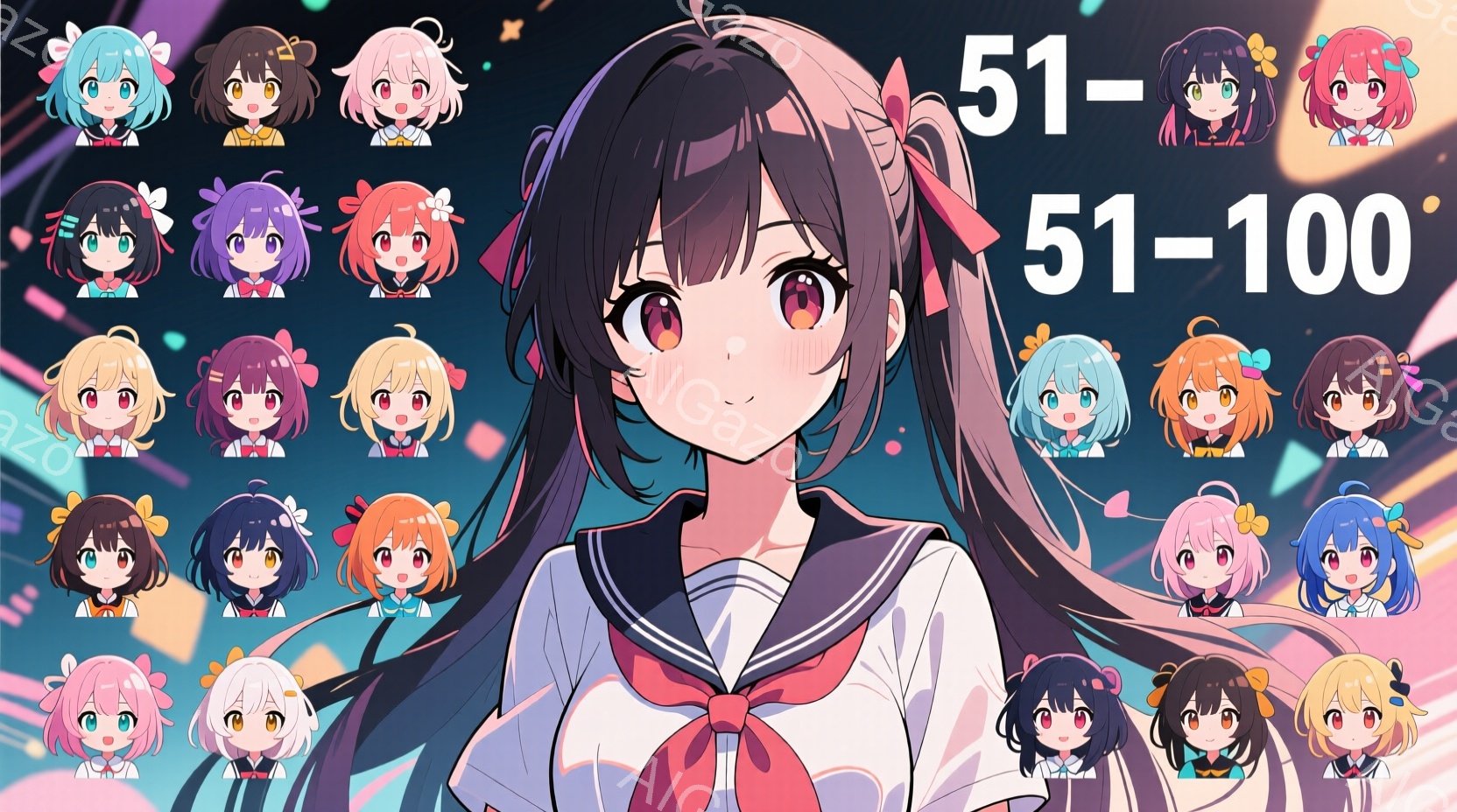 長い黒髪をなびかせ、セーラー服を着た少女が描かれています。彼女は少し頬を赤らめ、微笑んでおり、明るく可愛らしい印象を与えます。背景には、様々な表情をした小さなキャラクターアイコンが配置され、賑やかな雰 - AI生成フリー素材