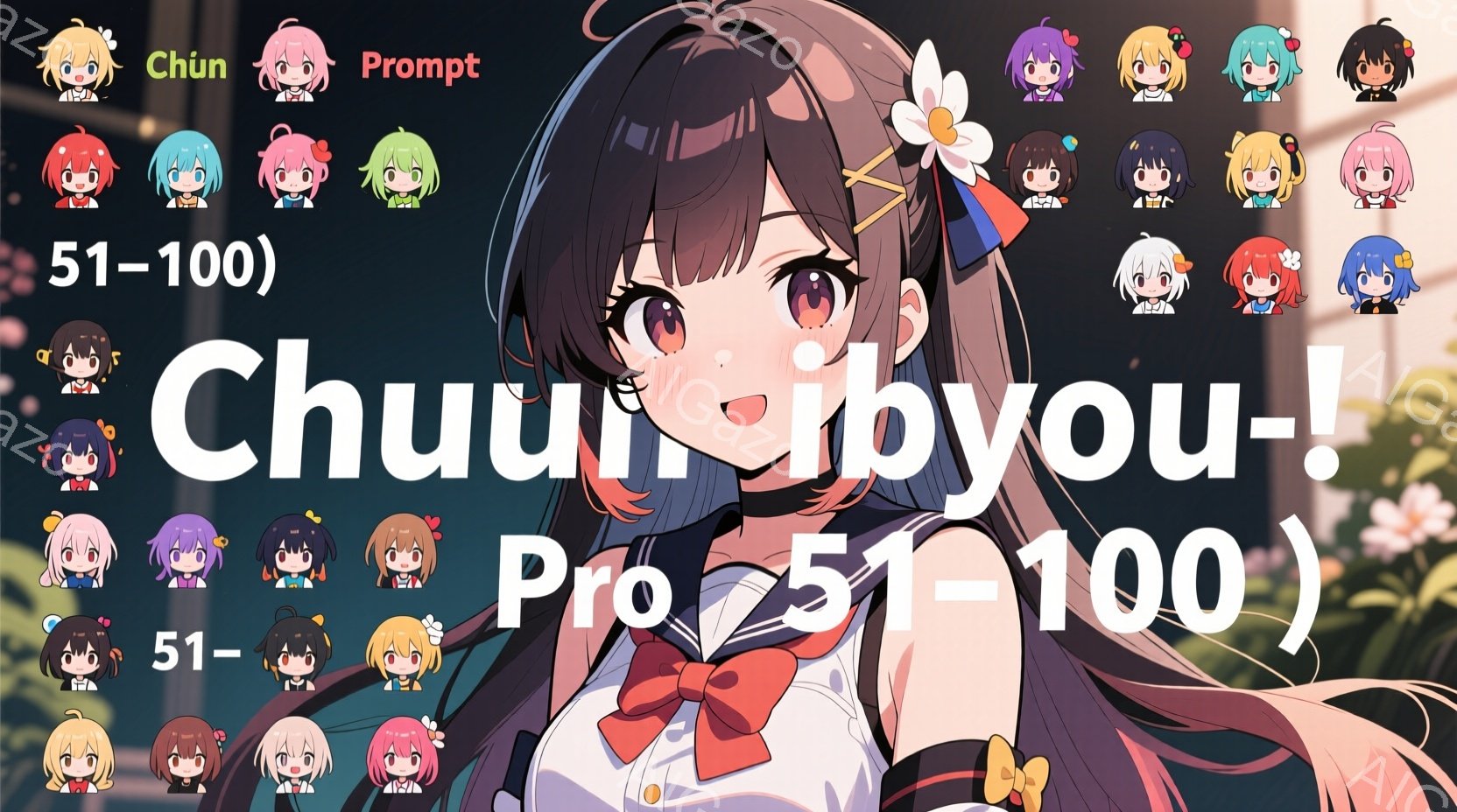 金髪の長い髪を後ろでまとめており、白いリボンと花の飾りをつけています。赤い襟と蝶ネクタイのついた黒いジャケットと白いシャツを着ており、少し微笑んでいます。背景は緑豊かな木々とぼやけた建物があり、晴れた日の穏やかな雰囲気を醸し出しています。