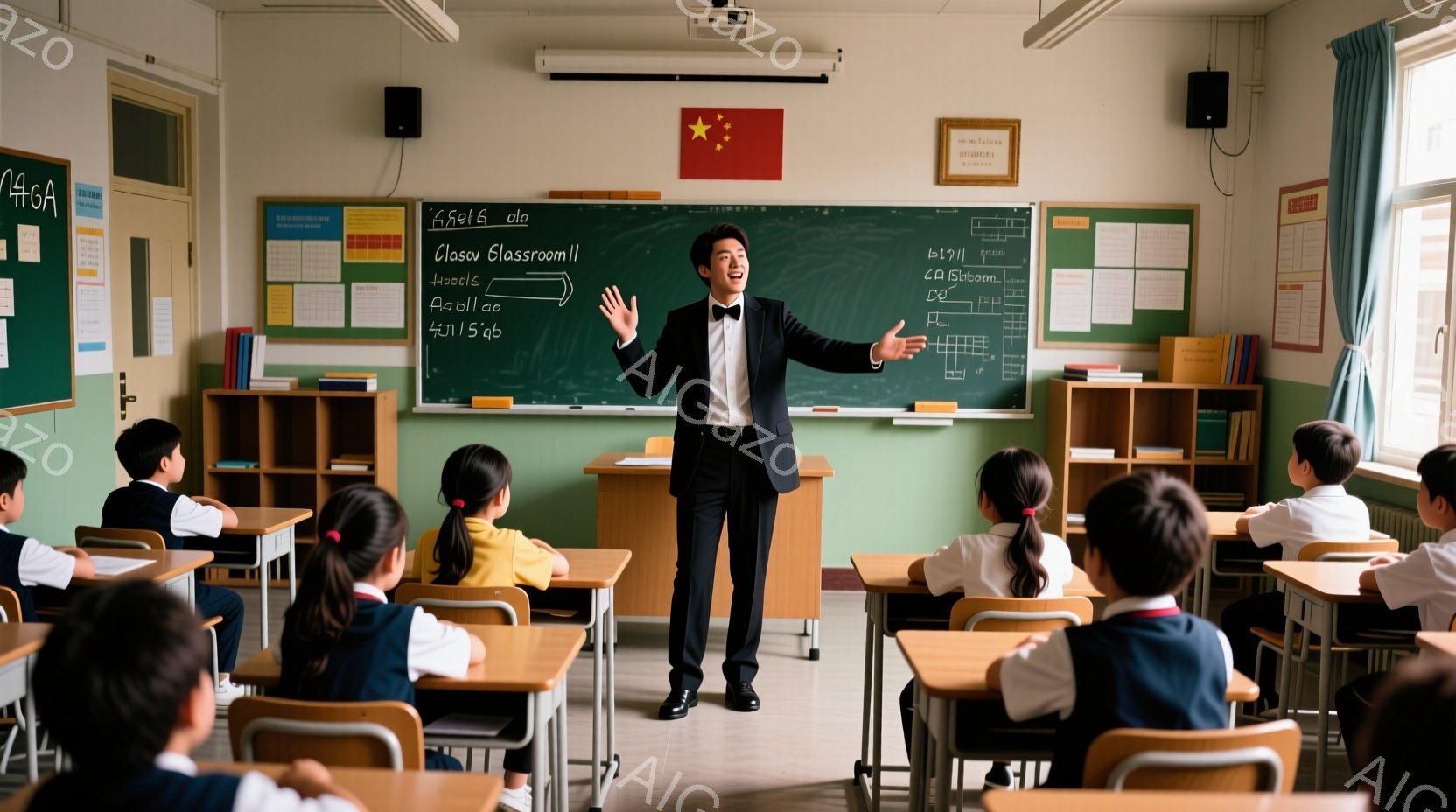 上級生が裏庭に座ったり、前フロアの静かな教室内で授業する姿勢。男性教師は大きな白板と仕事用の書類を持ち、説明中に手を伸ばしています。生徒たちは集中しており、注意深く教師に聴いています。空間は清潔で直線的な校舎の内部と窓がある学年のクラスルームといった風格があります。