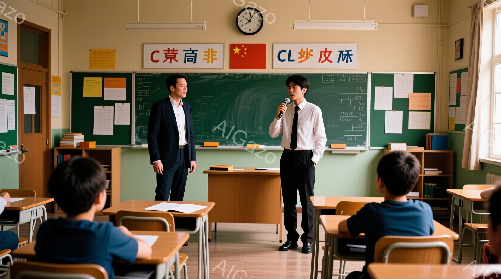 教室の様子で、二人の男性が写っている。一人は黒いジャケットを着ており、もう一人は白いシャツに黒いズボンを着用し、手にマイクを持っている。教室には生徒の机が並び、黒板には文字や絵が描かれており、全体的に真剣な雰囲気である。