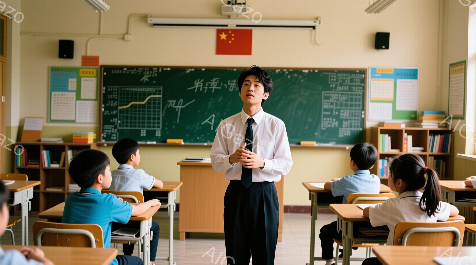 教室の正面に若い男性教師が立っており、白いシャツと黒いズボンを着用し、ネクタイを締めています。彼は両手を少し前に出し、何かを説明しているかのように見えます。教室には数人の生徒が座っており、全員が前に向かって授業を受けています。