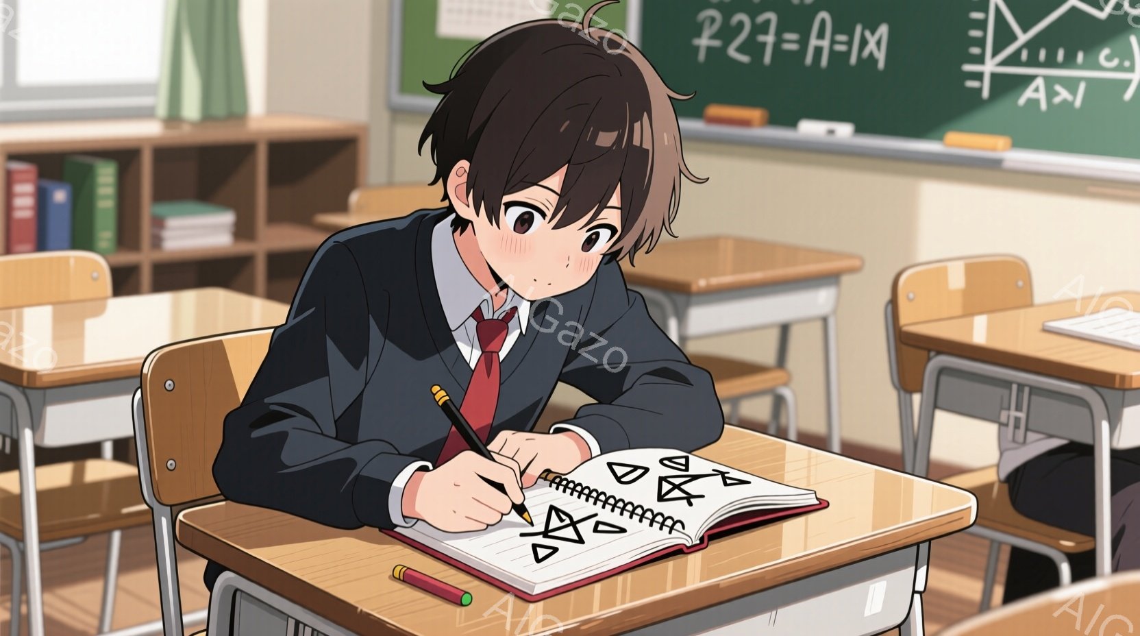 茶髪のショートヘアの少年が教室でノートに何かを描いています。彼は制服を着ており、赤いネクタイが特徴的です。集中した表情で前かがみになり、机に肘をついて、黒いペンで線画を描いています。